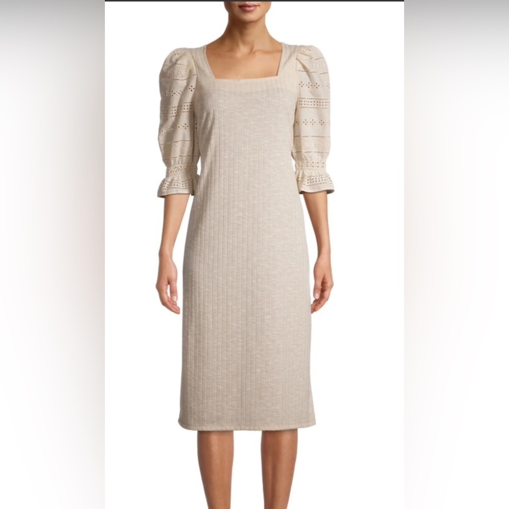 Status by Chenault Womens Eyelet Midi Dress with Rib Knit Jersey Size M